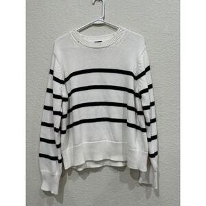 Gap Womens Striped Crewneck Sweater Ivory Navy Blue 100% Cotton Knit Large